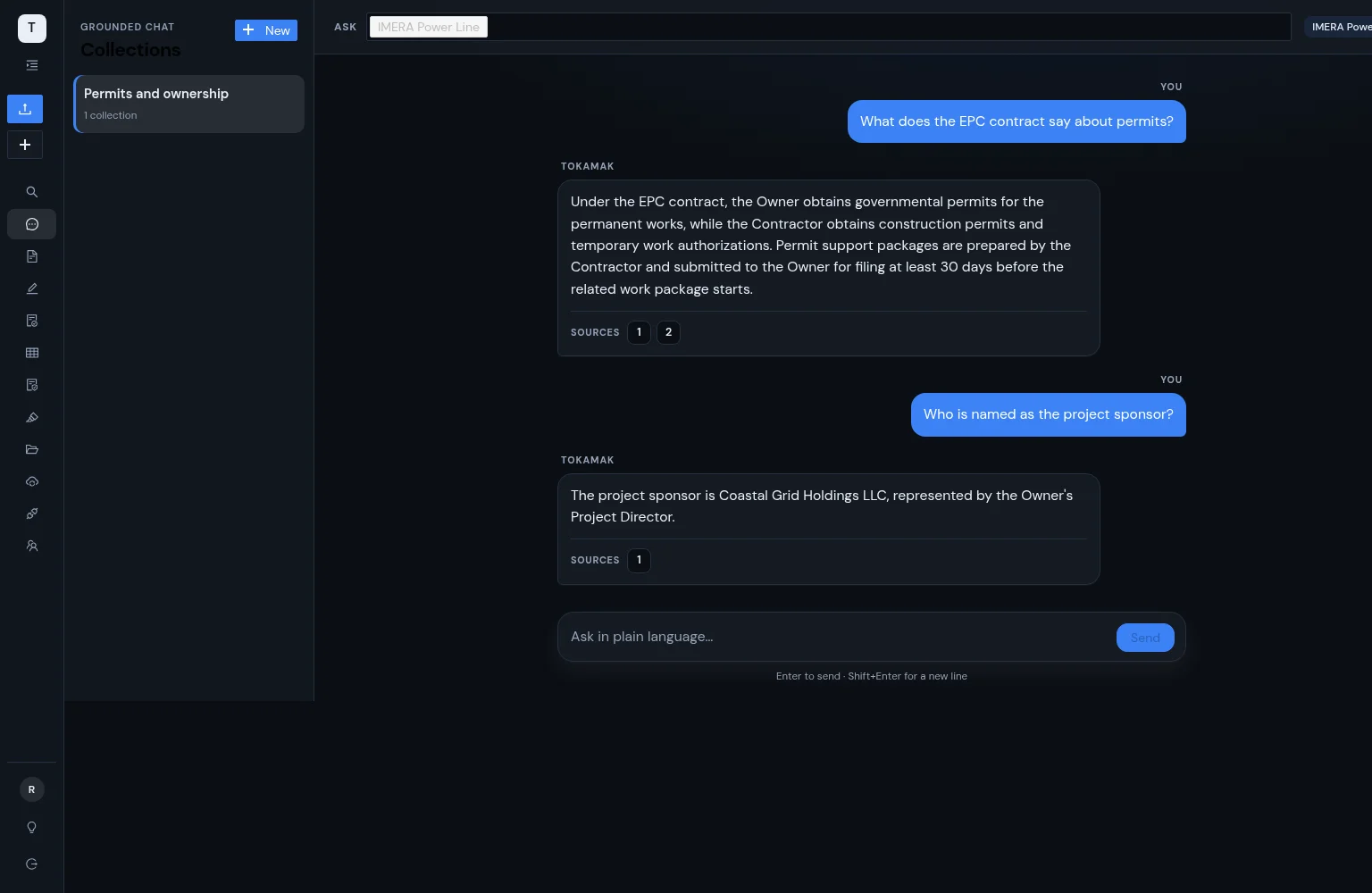 Grounded chat answering from a selected collection with citation chips