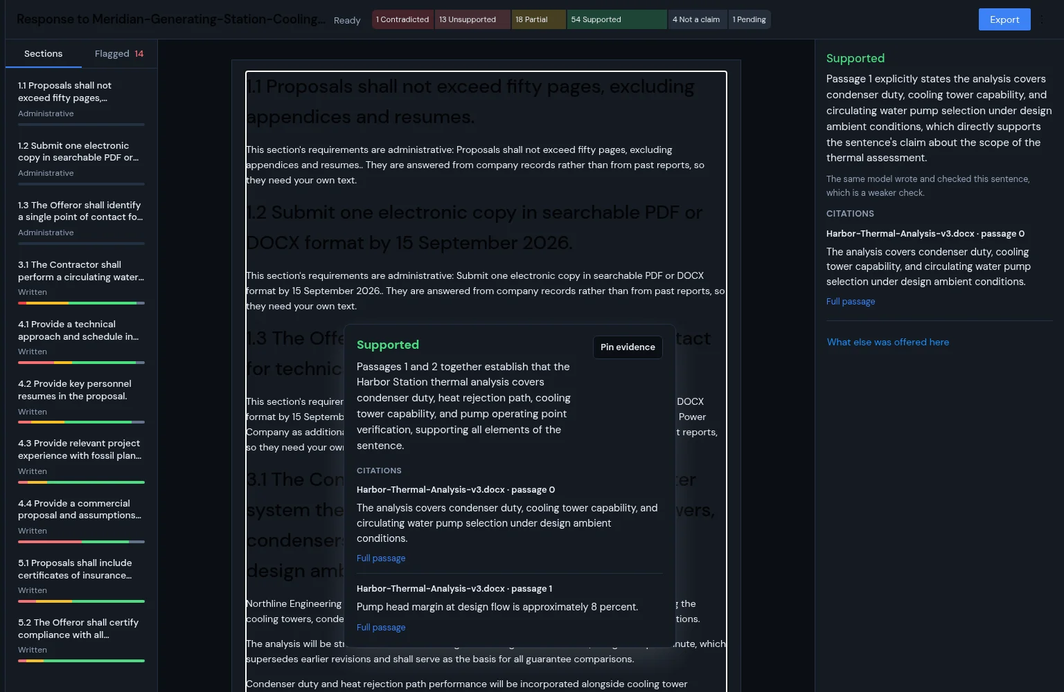 Hover peek card showing verdict, reason, and cited passage